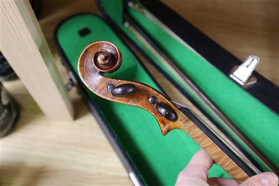 A 19th century (1822) single back violin by John Gough, who worked for Dearloves in Leeds, cased with two bows.